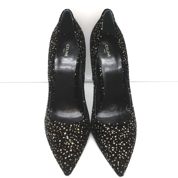 Celine Sharp Pumps Black/Gold Glitter Dots Velvet Size 41 Pointed Toe Heels NEW - Picture 3 of 10